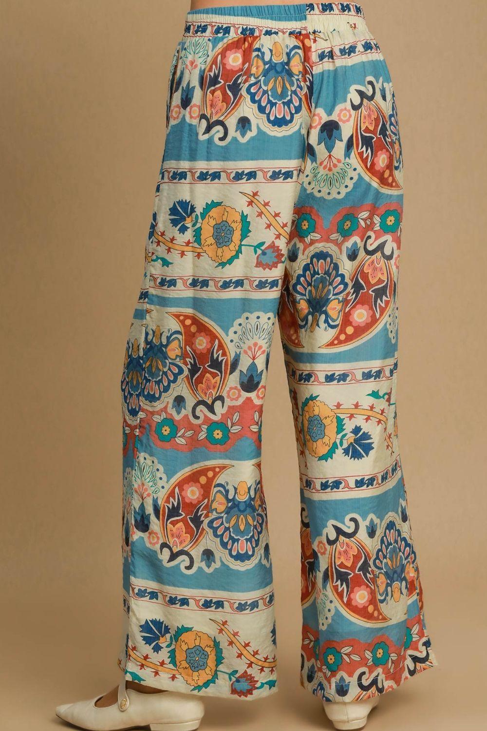 Umgee Full Size Wide Leg Border Print Pants Plus Size - Brittney MADE