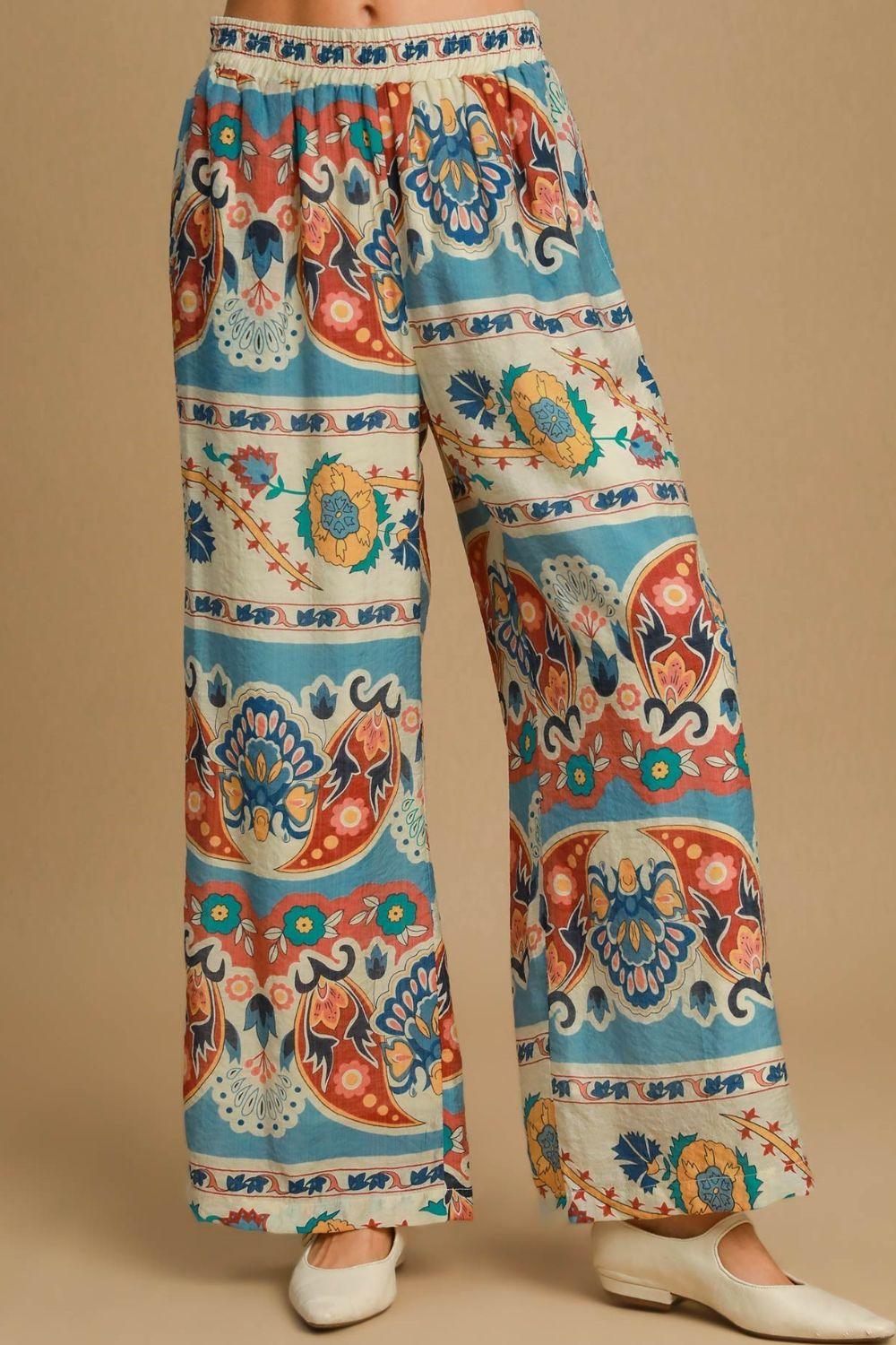 Umgee Full Size Wide Leg Border Print Pants Plus Size - Brittney MADE