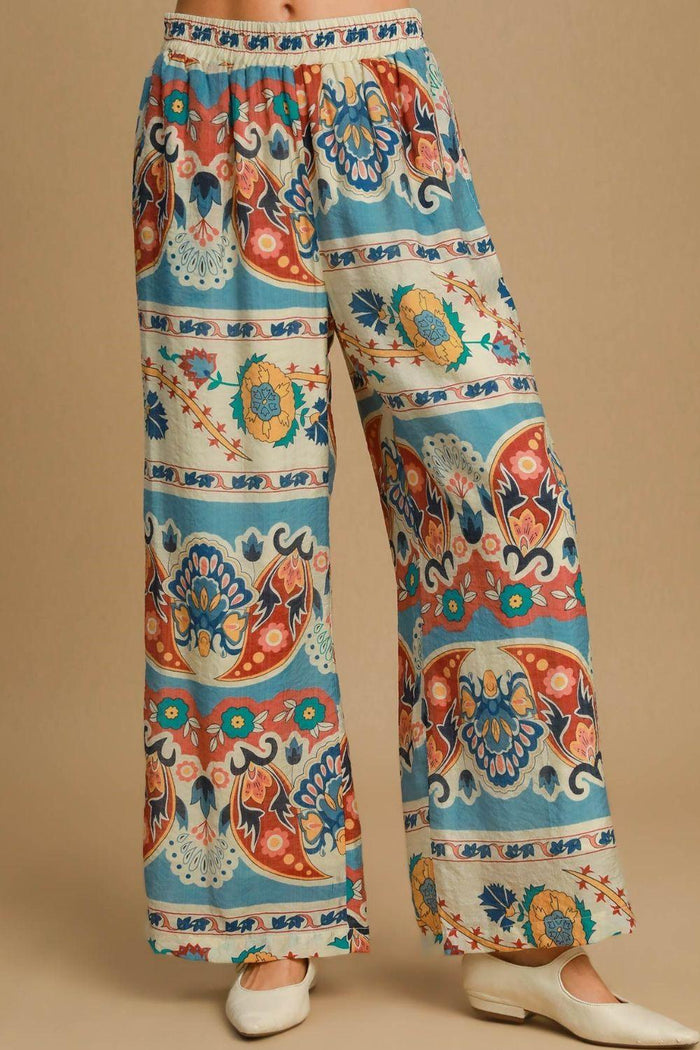 Umgee Full Size Wide Leg Border Print Pants Plus Size - Brittney MADE