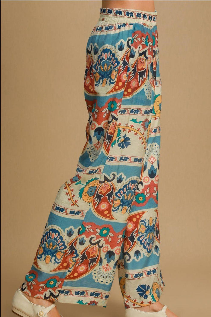 Umgee Full Size Wide Leg Border Print Pants Plus Size - Brittney MADE