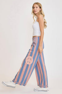 Umgee Peace Sign Patch Striped Wide Leg Pants - Brittney MADE