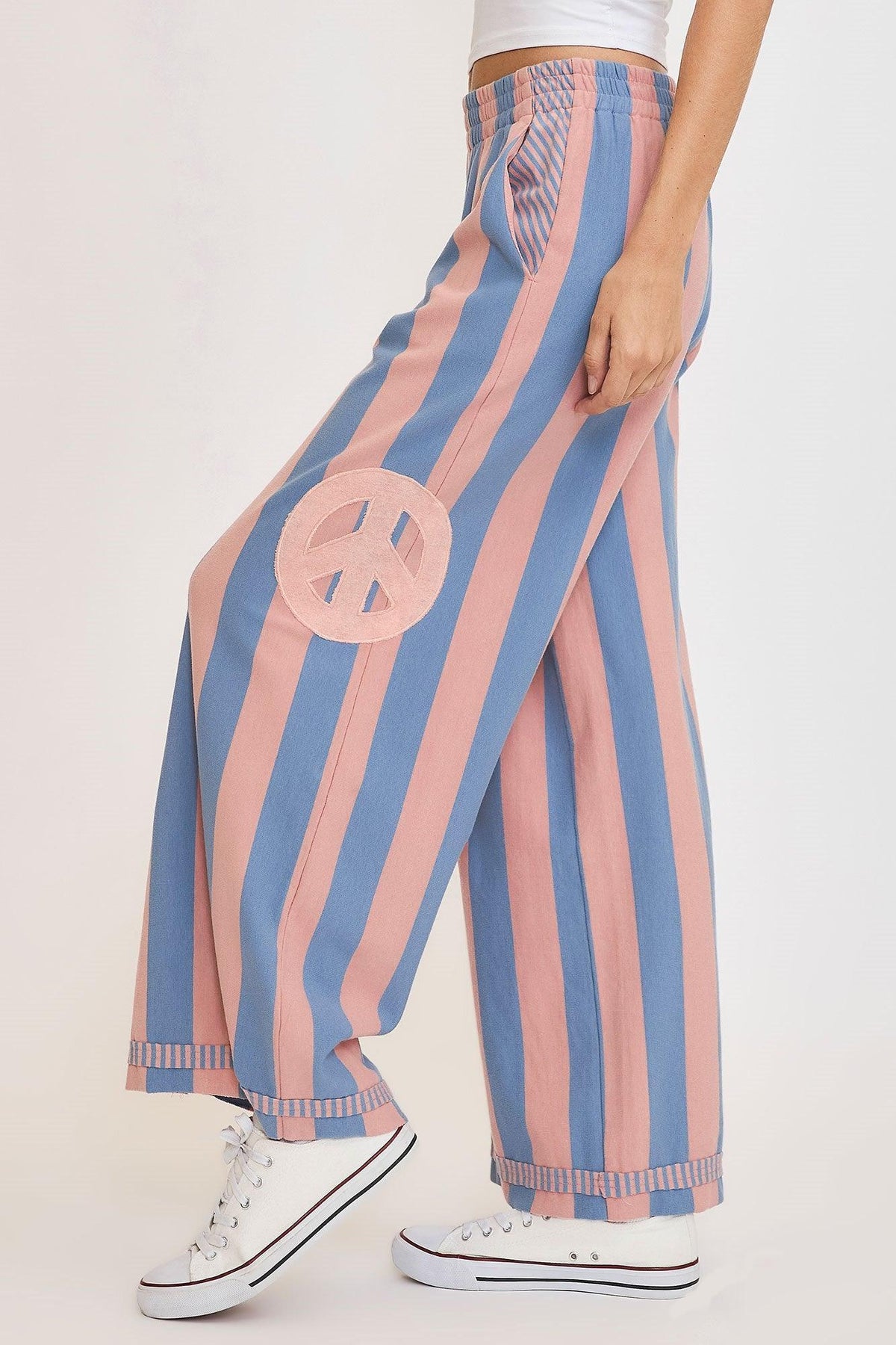 Umgee Peace Sign Patch Striped Wide Leg Pants - Brittney MADE