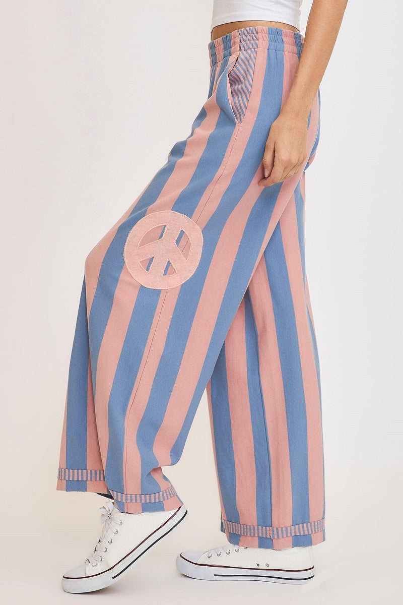 Umgee Peace Sign Patch Striped Wide Leg Pants - Brittney MADE