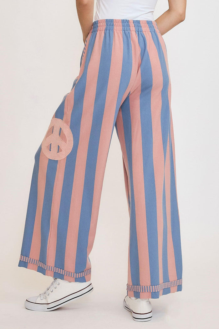 Umgee Peace Sign Patch Striped Wide Leg Pants - Brittney MADE