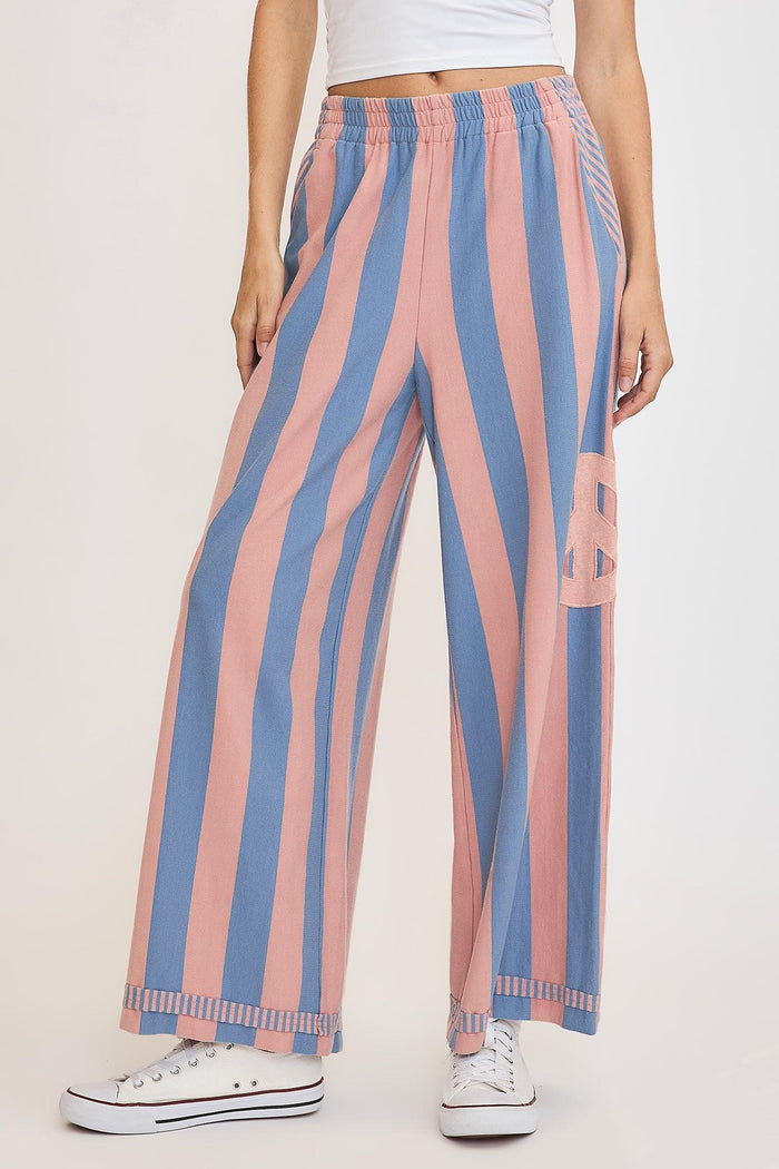 Umgee Peace Sign Patch Striped Wide Leg Pants - Brittney MADE